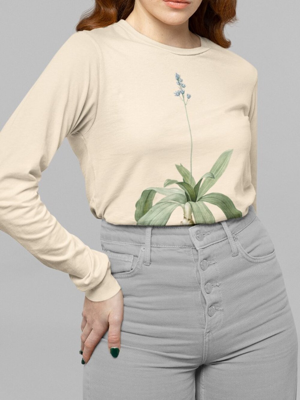 Lilio-Hyacinth Squill Vintage Floral Print Long Sleeve Graphic Tee T-shirt S-XXL